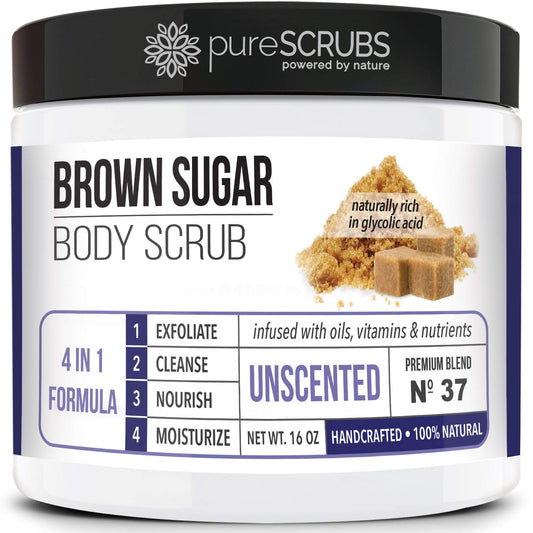 Premium Unscented Brown Sugar Body Scrub | Large 16Oz Jar | Face, Feet & Full Body Scrub | Includes Wooden Spoon, Loofah & Mini Exfoliating Bar Soap