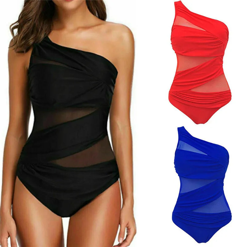 M-3XL 4XL Plus Size Swimsuits Women One Shoulder Slim Swimwear For Women Mesh Solid Black Red Blue Push Up Padded Bathing Suits