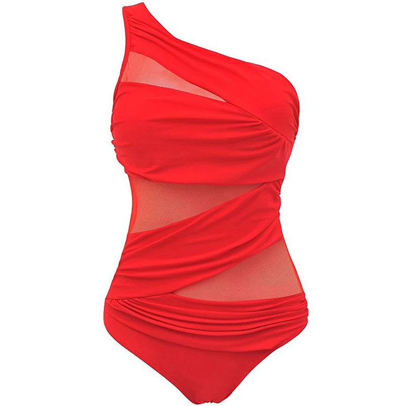 M-3XL 4XL Plus Size Swimsuits Women One Shoulder Slim Swimwear For Women Mesh Solid Black Red Blue Push Up Padded Bathing Suits