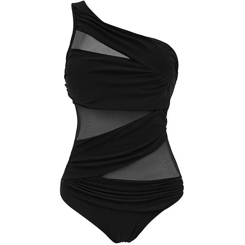 M-3XL 4XL Plus Size Swimsuits Women One Shoulder Slim Swimwear For Women Mesh Solid Black Red Blue Push Up Padded Bathing Suits