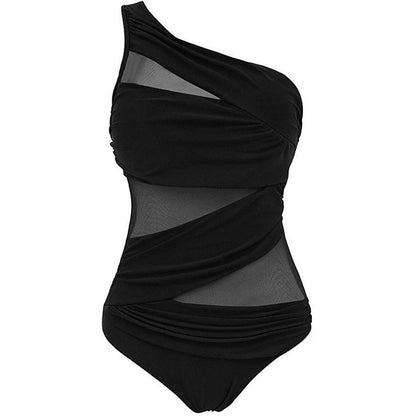 M-3XL 4XL Plus Size Swimsuits Women One Shoulder Slim Swimwear For Women Mesh Solid Black Red Blue Push Up Padded Bathing Suits