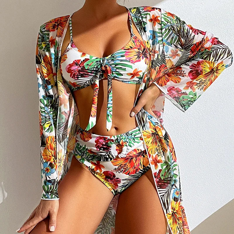 Women Beachwear 3 Piece Set Push Up Bikini+Long Sleeved Mesh Smock Gray/Blue/Yellow/White/Purple/Pink/Green/Rose Bathing Suit