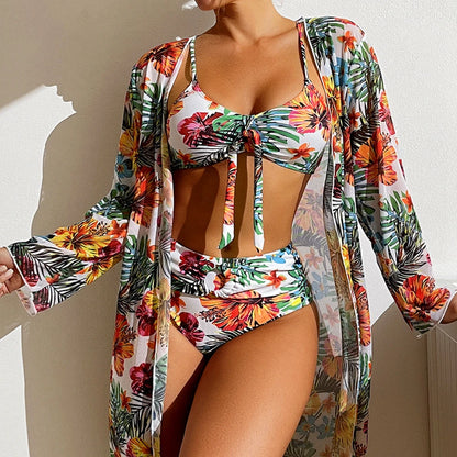 Women Beachwear 3 Piece Set Push Up Bikini+Long Sleeved Mesh Smock Gray/Blue/Yellow/White/Purple/Pink/Green/Rose Bathing Suit