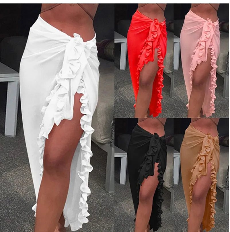 5 Colors Ruffle Sarong for Women 2024 Summer Solid Bikini Long Skirt Beach Dress Swimming Sun Protection Swim Cover Ups Monokini