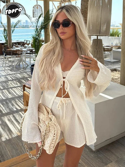 Women White Lace Up V Neck Long Sleeve Shirt Set Summer Fashion High Waist Shorts 2 Pces Sets Casual Loose Female Beach Outfits