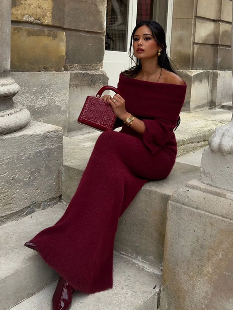 Elegant Red Off Shoulder Pleated Knit Maxi Dress For Women Chic Slash Neck Backless Long Sleeve Robe 2024 Autumn Lady Party Gown