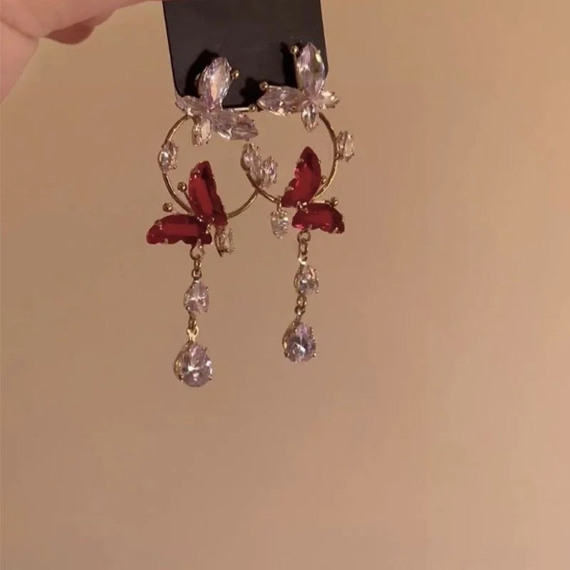 Shiny Crystal Zircon Butterfly Tassel Drop Earrings for Women Light  Luxury Sweet Flower Temperature Earring Party Charm Jewelry