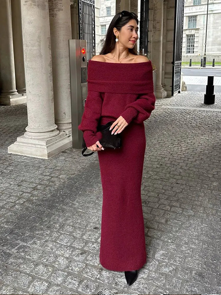 Elegant Red Off Shoulder Pleated Knit Maxi Dress For Women Chic Slash Neck Backless Long Sleeve Robe 2024 Autumn Lady Party Gown