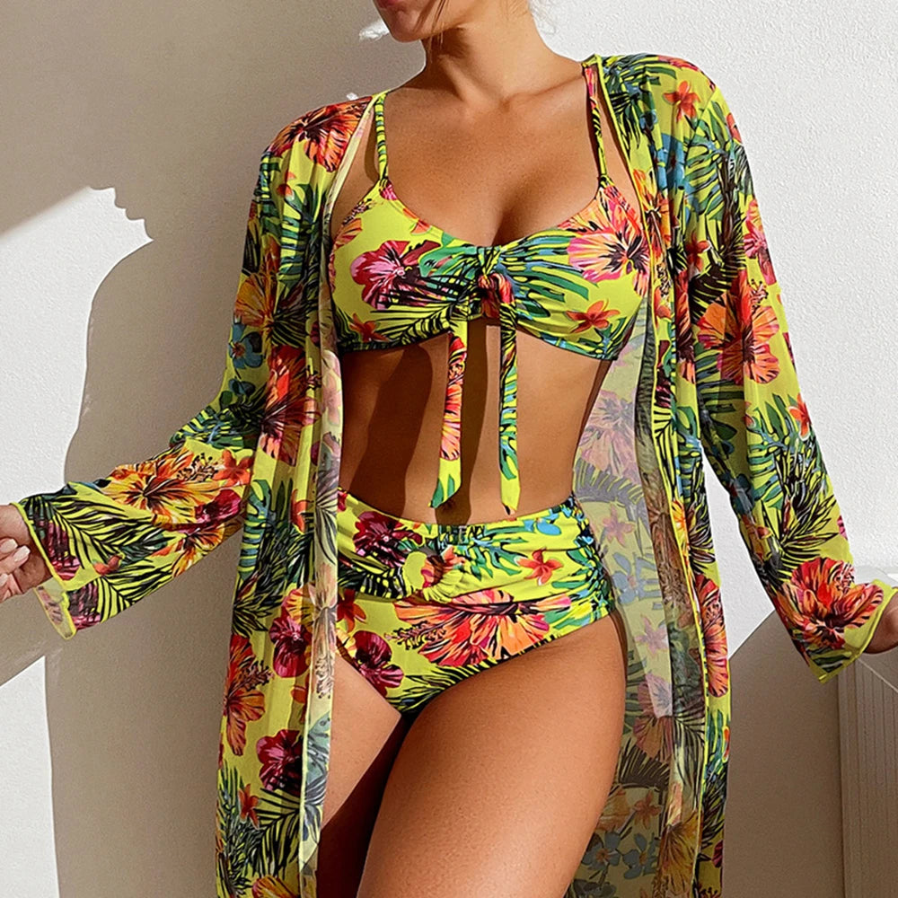 Women Beachwear 3 Piece Set Push Up Bikini+Long Sleeved Mesh Smock Gray/Blue/Yellow/White/Purple/Pink/Green/Rose Bathing Suit