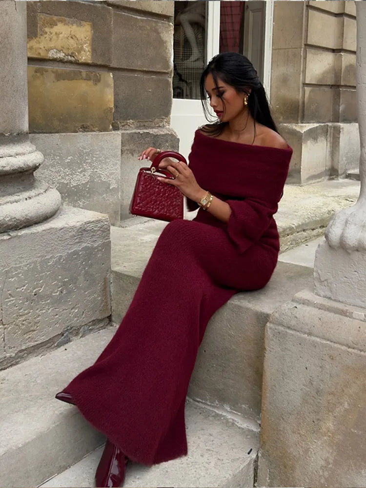 Elegant Red Off Shoulder Pleated Knit Maxi Dress For Women Chic Slash Neck Backless Long Sleeve Robe 2024 Autumn Lady Party Gown