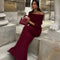 Elegant Red Off Shoulder Pleated Knit Maxi Dress For Women Chic Slash Neck Backless Long Sleeve Robe 2024 Autumn Lady Party Gown