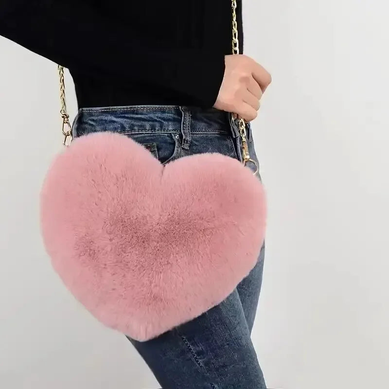 Heart Shaped Fluffy Shoulder Bag Fashion Chain Crossbody Bag Plush Handbag