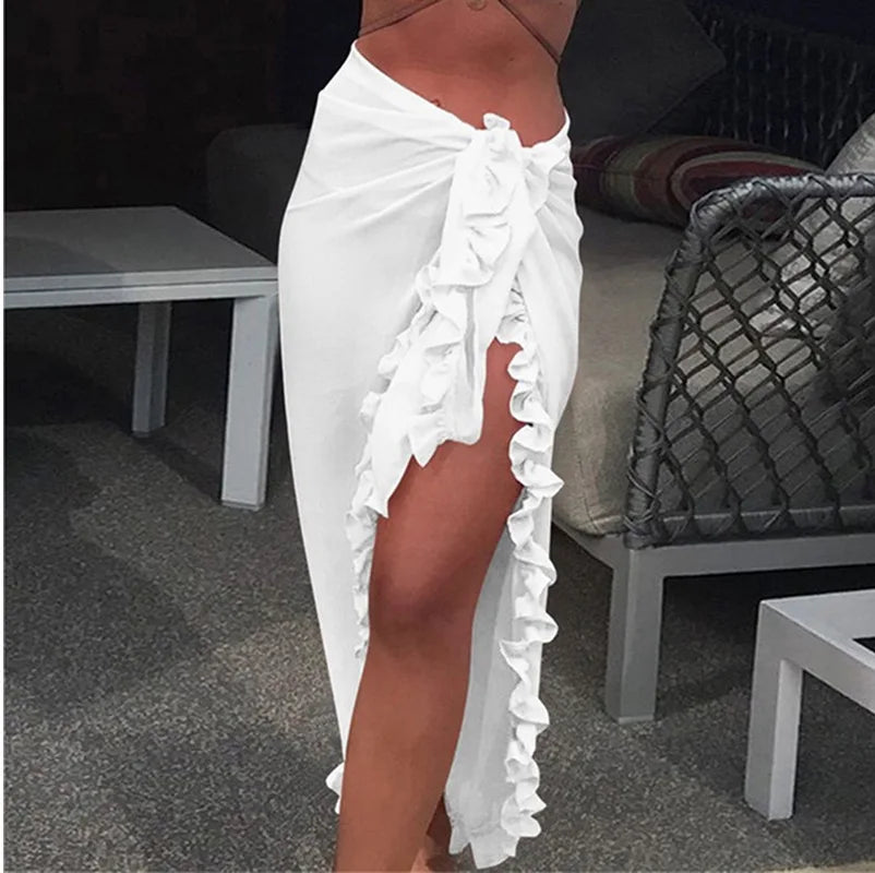 5 Colors Ruffle Sarong for Women 2024 Summer Solid Bikini Long Skirt Beach Dress Swimming Sun Protection Swim Cover Ups Monokini