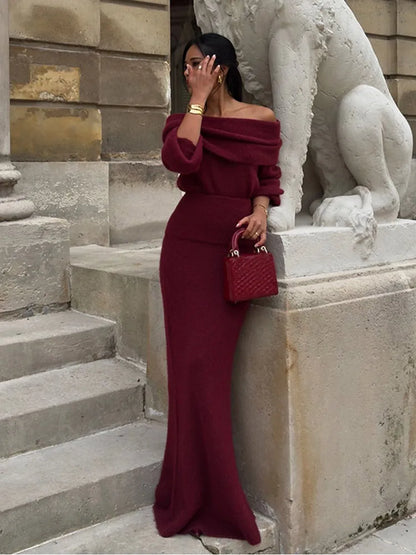 Elegant Red Off Shoulder Pleated Knit Maxi Dress For Women Chic Slash Neck Backless Long Sleeve Robe 2024 Autumn Lady Party Gown