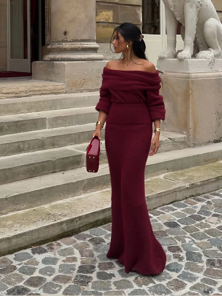 Elegant Red Off Shoulder Pleated Knit Maxi Dress For Women Chic Slash Neck Backless Long Sleeve Robe 2024 Autumn Lady Party Gown