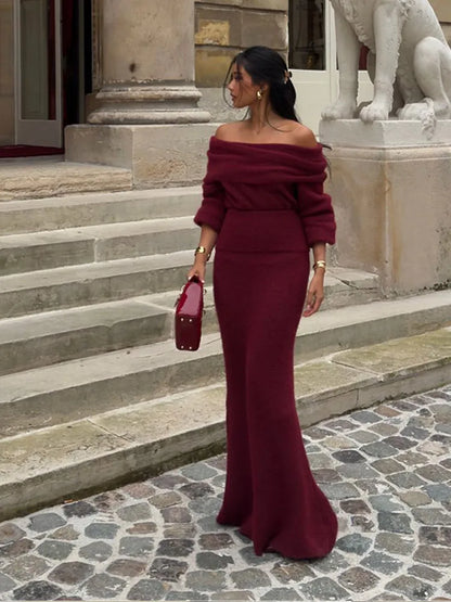 Elegant Red Off Shoulder Pleated Knit Maxi Dress For Women Chic Slash Neck Backless Long Sleeve Robe 2024 Autumn Lady Party Gown