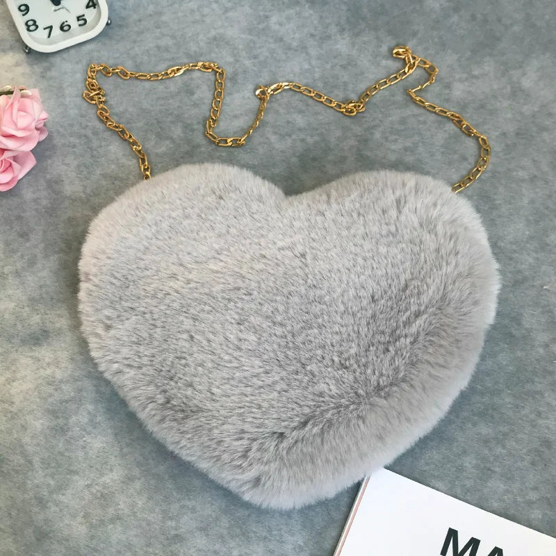 Heart Shaped Fluffy Shoulder Bag Fashion Chain Crossbody Bag Plush Handbag