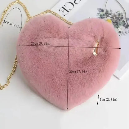 Heart Shaped Fluffy Shoulder Bag Fashion Chain Crossbody Bag Plush Handbag