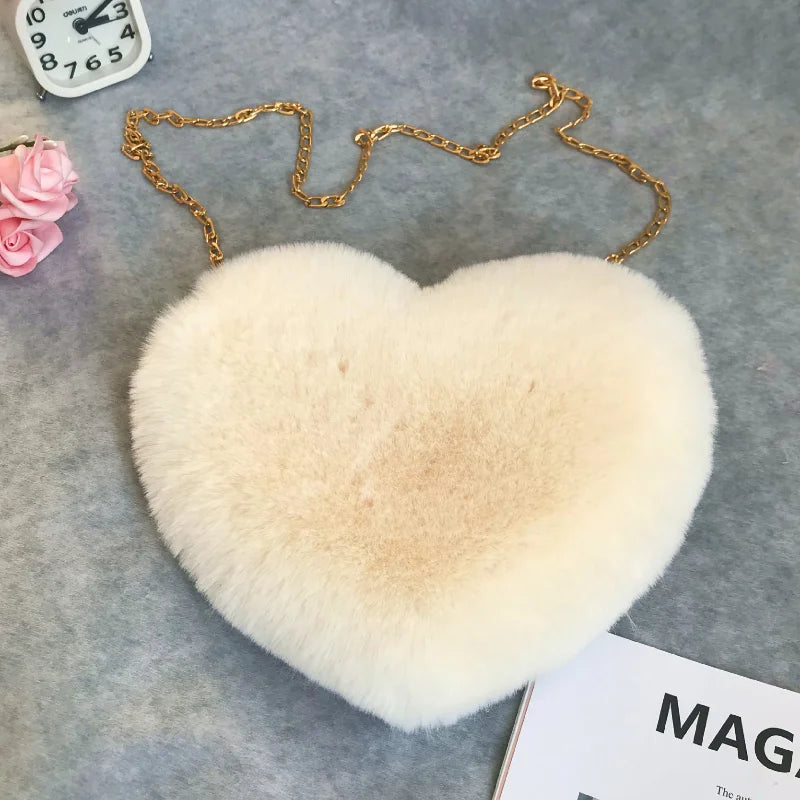 Heart Shaped Fluffy Shoulder Bag Fashion Chain Crossbody Bag Plush Handbag