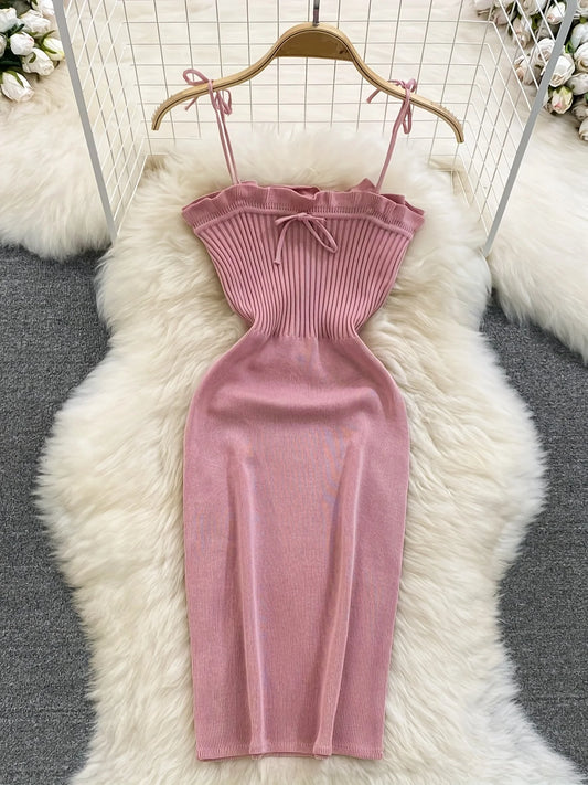 2024 Ribbed Lace Up Dress  Elegant Solid Slim Ruffle Trim Dress Women's Clothing Bodycon Short Mini Dress