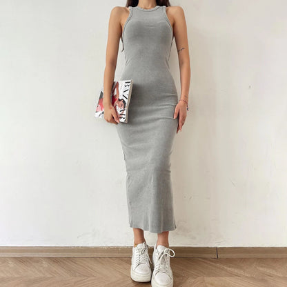 2024 New Solid Basic Vintage Sleeveless Ribbed Bodycon Women's Summer Knit Dress Casual Sexy Slim Hip-cover Midi Dress For Women