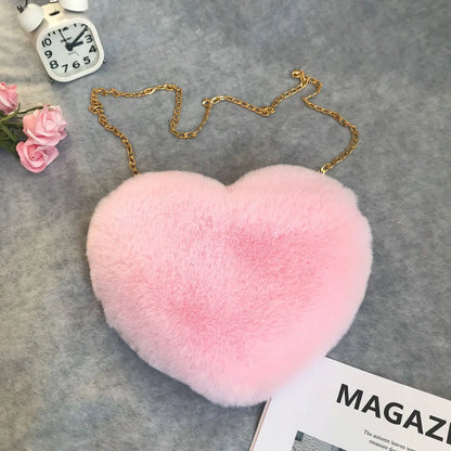 Heart Shaped Fluffy Shoulder Bag Fashion Chain Crossbody Bag Plush Handbag