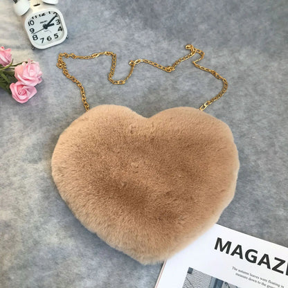 Heart Shaped Fluffy Shoulder Bag Fashion Chain Crossbody Bag Plush Handbag