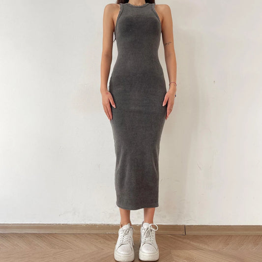 2024 New Solid Basic Vintage Sleeveless Ribbed Bodycon Women's Summer Knit Dress Casual Sexy Slim Hip-cover Midi Dress For Women