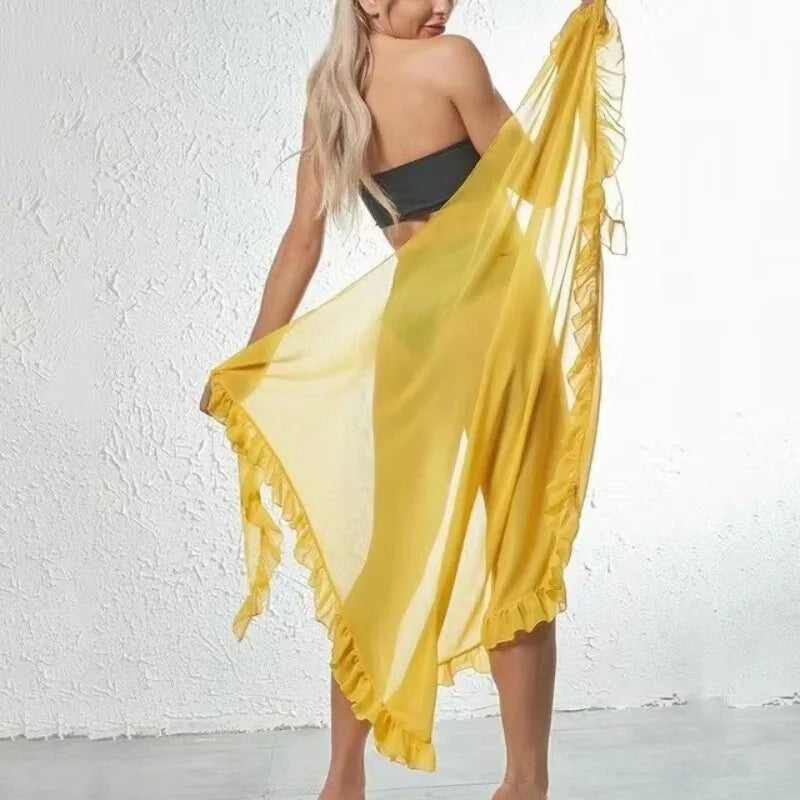 5 Colors Ruffle Sarong for Women 2024 Summer Solid Bikini Long Skirt Beach Dress Swimming Sun Protection Swim Cover Ups Monokini