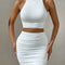 Women White Sexy Halter Neck Sleeveless Backless Two Piece Set Strapless Pleated Slim Bodycon Evening Dresses