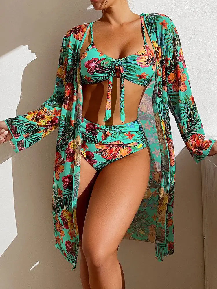 Women Beachwear 3 Piece Set Push Up Bikini+Long Sleeved Mesh Smock Gray/Blue/Yellow/White/Purple/Pink/Green/Rose Bathing Suit